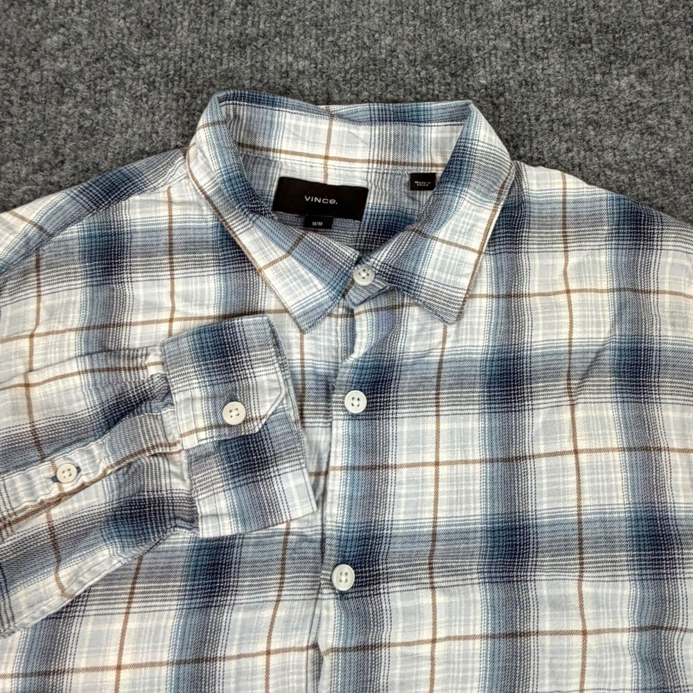 Vince Plaid Button Down Classic Fit Long Sleeve Mens Medium Blue White Brown EUC